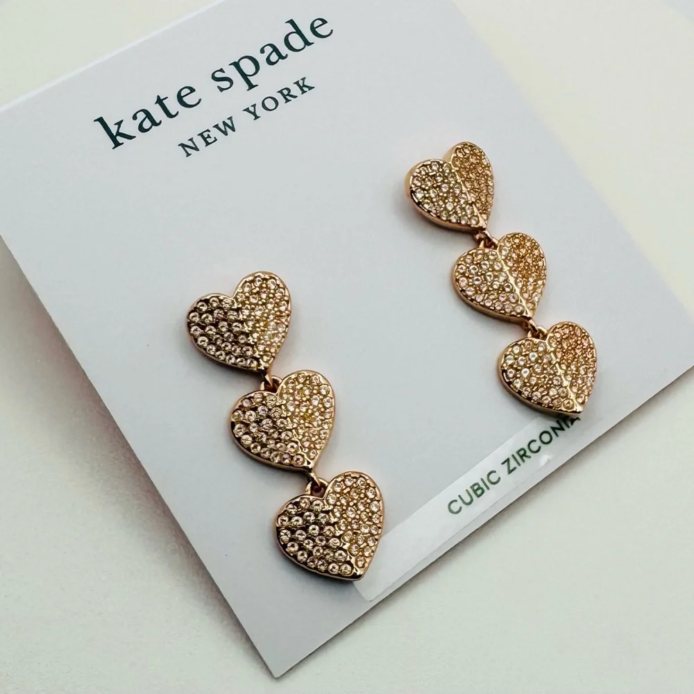KATE SPADE 🩷 Heart to Heart Pave Triple Drop Earrings Rose Gold NWT